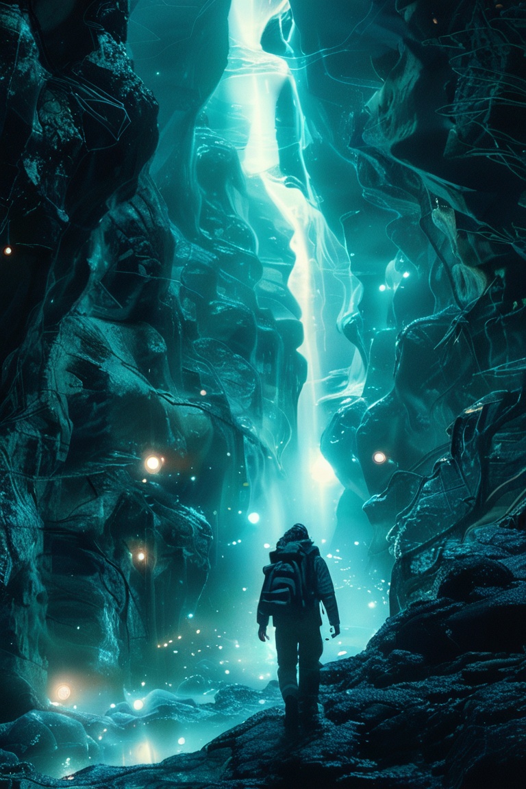 Time traveler,  arriving in a bioluminescent past era. glow photography. Natural geographic photo. Hyper-realistic,  16k r...