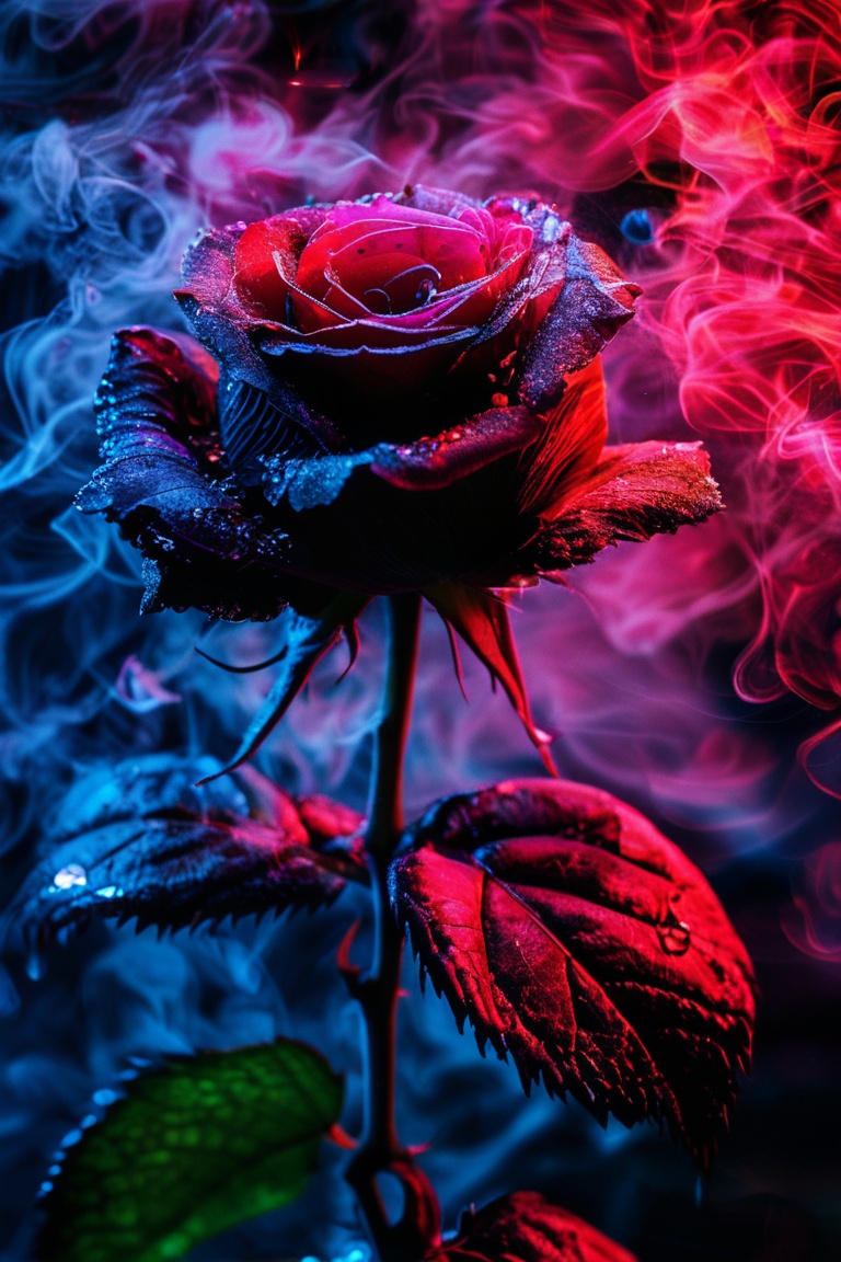 A single red rose with detailed petals and green leaves,  illuminated by neon lighting in purple,  and blue hues on Tensor...