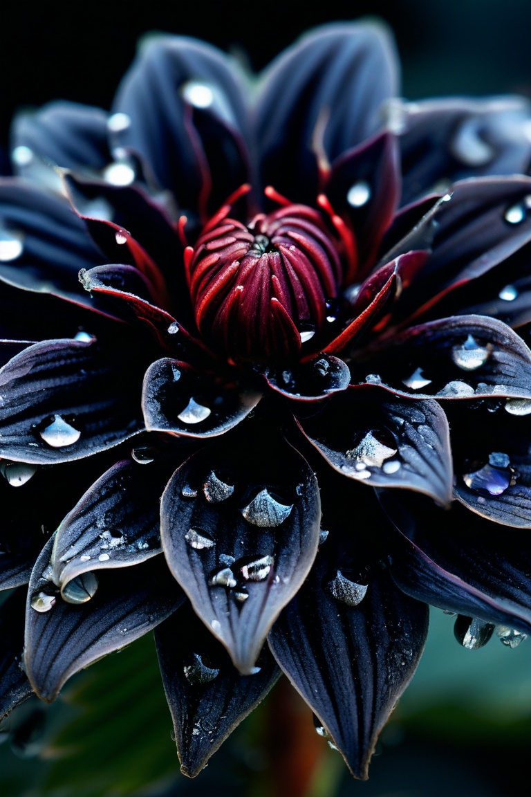 A macro photograph capturing the intricate details of a black dahlia. The image showcases the delicate tender velvety text...