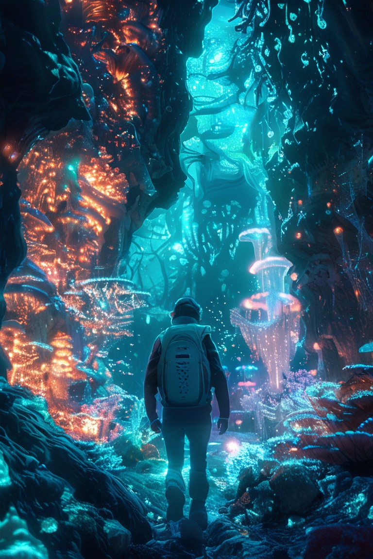 Time traveler,  arriving in a bioluminescent past era. glow photography. Natural geographic photo. Hyper-realistic,  16k r...