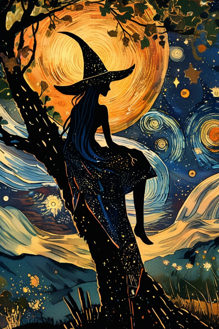extreme detailed,  a witch sitting on a tree,  starry night on Tensor.Art