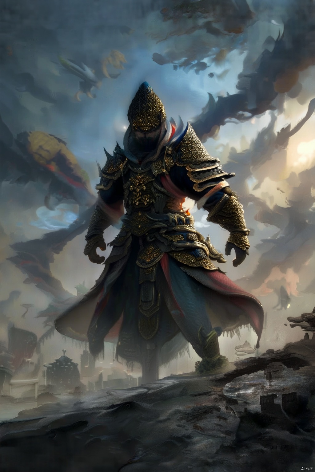 Chinese mythology,armor, tattered cloak that billows in the wind, atmosphere is charged with an otherworldly energy, fantasy realism, dramatic lighting, detailed textures to bring the scene to life, digital artwork, illustrative,  painterly, matte painting, highly detailed,