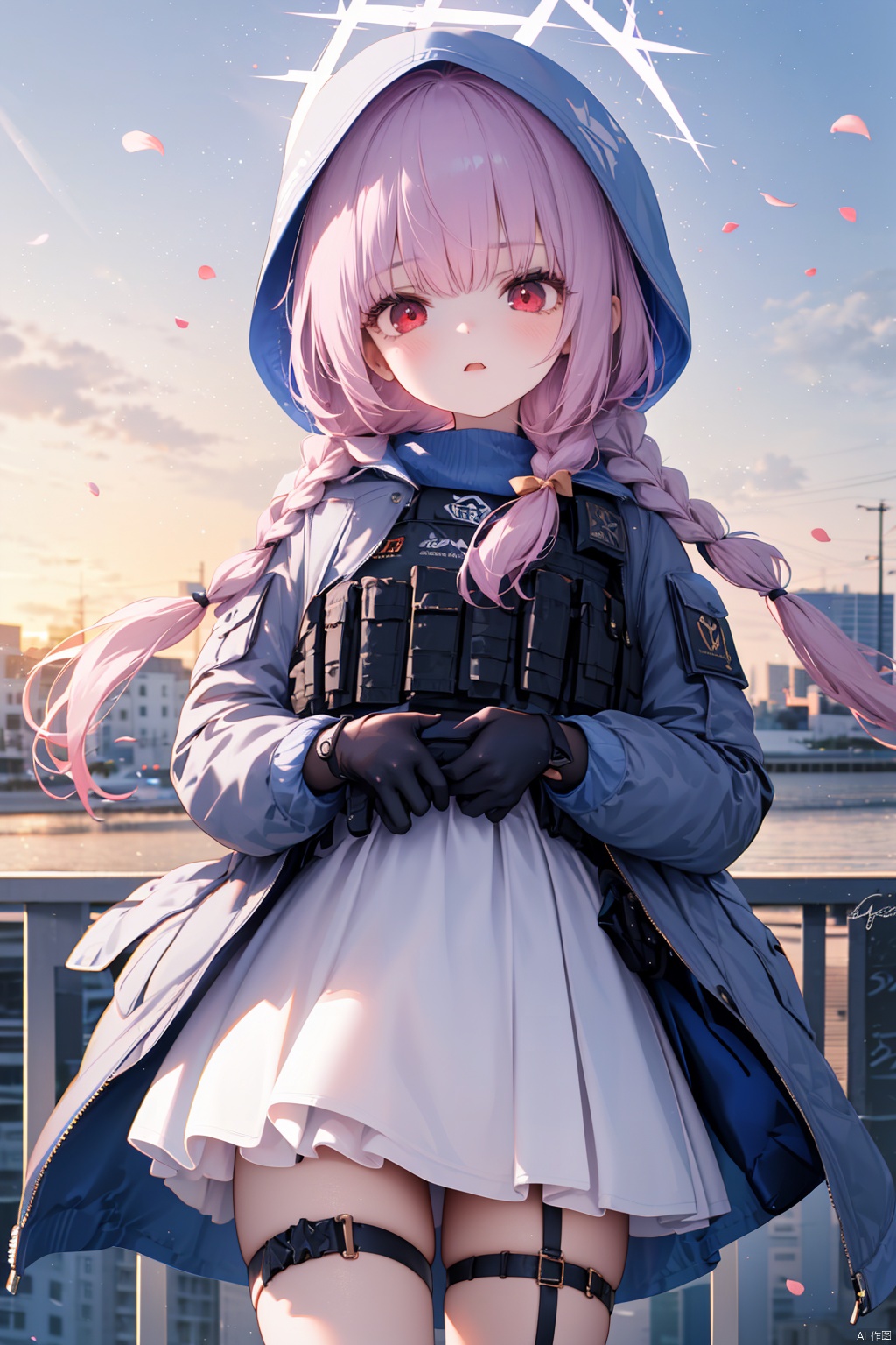  nai3, 11girl,solo,(masterpiece:1.3),( beautiful:1.2),(high quality:1.2),(finely detailed:1.2),extremely detailed CG unity 8k wallpaper,best quality,a very delicate and beautiful,perfect fingers,(one cute girl at the center:1.2), 1girl, solo, long hair, looking at viewer, bangs, red eyes, gloves, long sleeves, bow, holding, standing, jacket, pink hair, purple hair, braid, flower, cowboy shot, outdoors, sky, black gloves, hood, petals, thigh strap, halo, hooded jacket, hood up, bouquet, holding bouquet, long hair, bangs, red eyes, gloves, long sleeves, jacket, purple hair, braid, black gloves, hood, twin braids, halo, white jacket, hooded jacket, hood up, low twin braids, bulletproof vest, cross-laced sleeves,atsukoBA