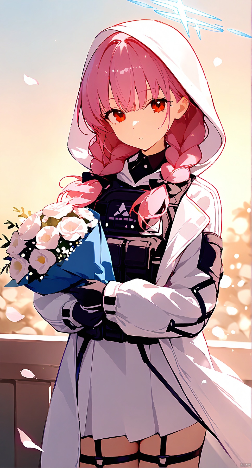 1girl,solo,(masterpiece:1.3),( beautiful:1.2),(high quality:1.2),(finely detailed:1.2),extremely detailed CG unity 8k wallpaper,best quality,a very delicate and beautiful,perfect fingers,(one cute girl at the center:1.2),
1girl, solo, long hair, looking at viewer, bangs, red eyes, gloves, long sleeves, bow, holding, standing, jacket, pink hair, purple hair, braid, flower, cowboy shot, outdoors, sky, black gloves, hood, petals, thigh strap, halo, hooded jacket, hood up, bouquet, holding bouquet,
long hair, bangs, red eyes, gloves, long sleeves, jacket, purple hair, braid, black gloves, hood, twin braids, halo, white jacket, hooded jacket, hood up, low twin braids, bulletproof vest, cross-laced sleeves,