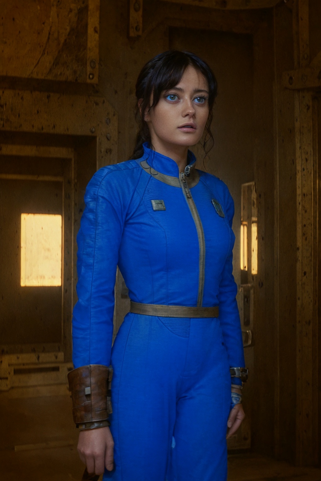 25-year-old and tall Vaultsuit Lucy from the Fallout TV series. She is in a post-apocalyptic Las Vegas where there is a ba...