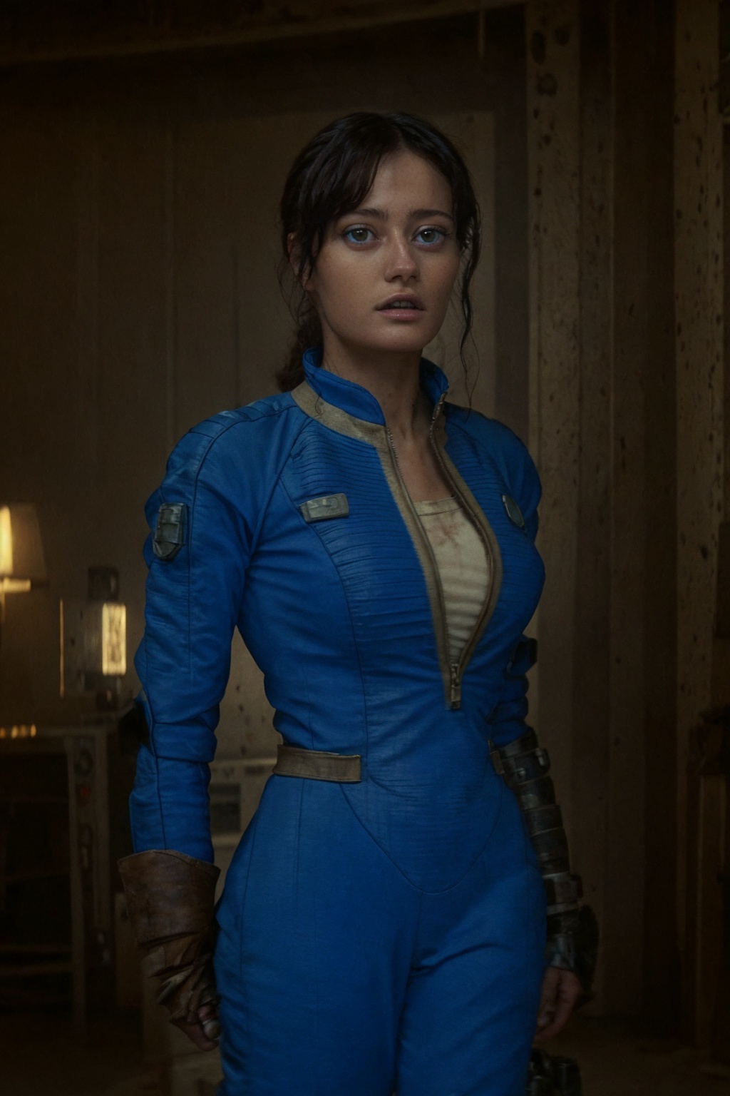 25-year-old and tall Vaultsuit Lucy from the Fallout TV series. She is in a post-apocalyptic Las Vegas where there is a ba...