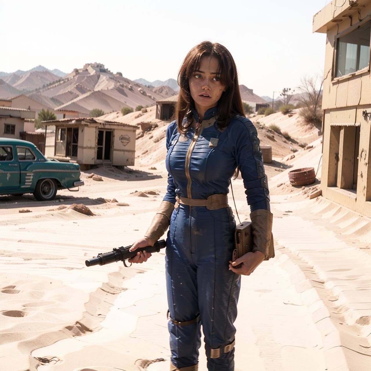 1950's era retro-futuristic. 25-year-old Vaultsuit Lucy from the Fallout TV series with black hair bloodstained clothes,...