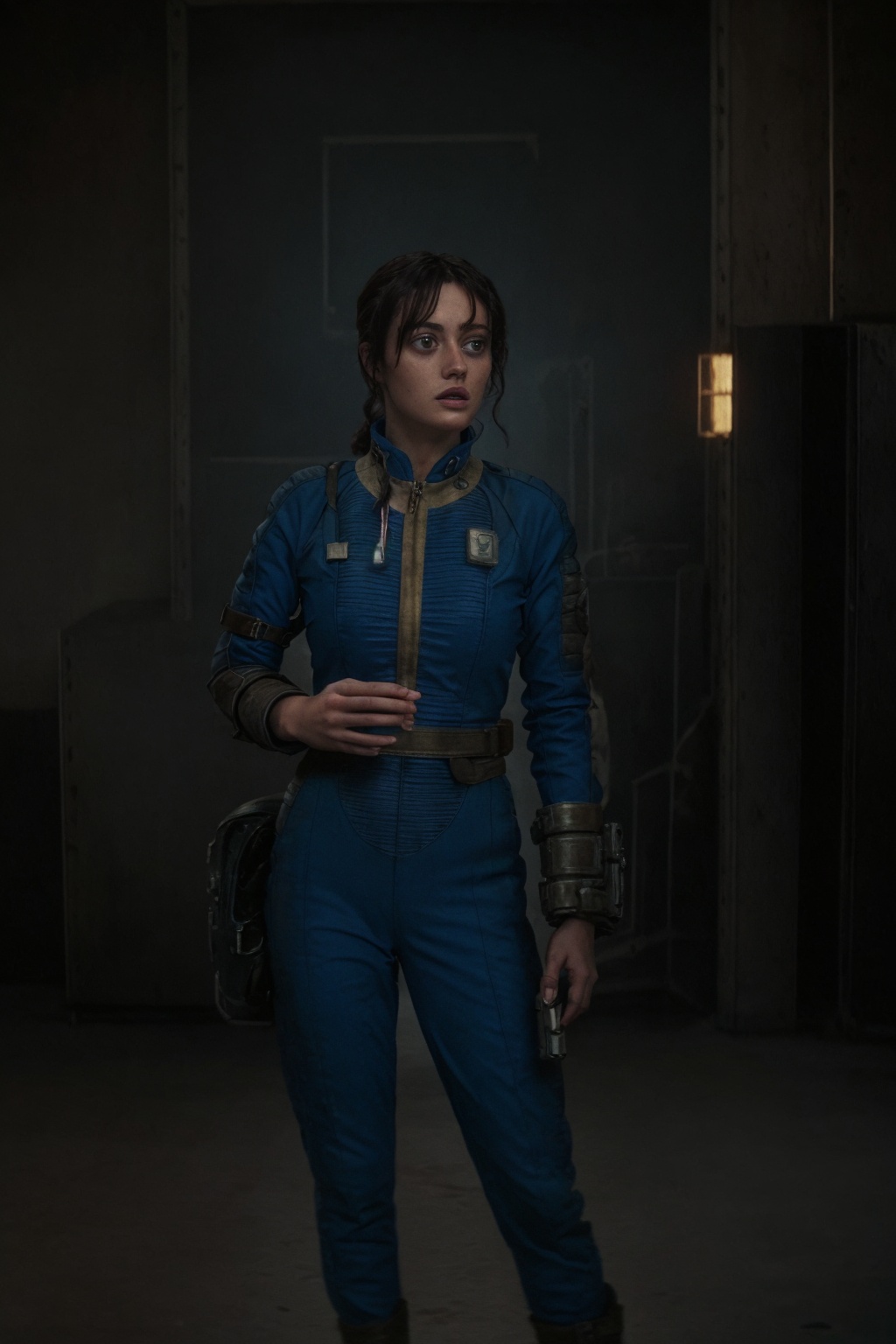 25-year-old and tall Vaultsuit Lucy from the Fallout TV series. She is in a post-apocalyptic Las Vegas where there is a ba...