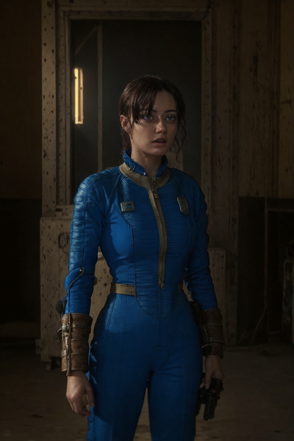25-year-old and tall Vaultsuit Lucy from the Fallout TV series. She is in a post-apocalyptic Las Vegas where there is a ba...