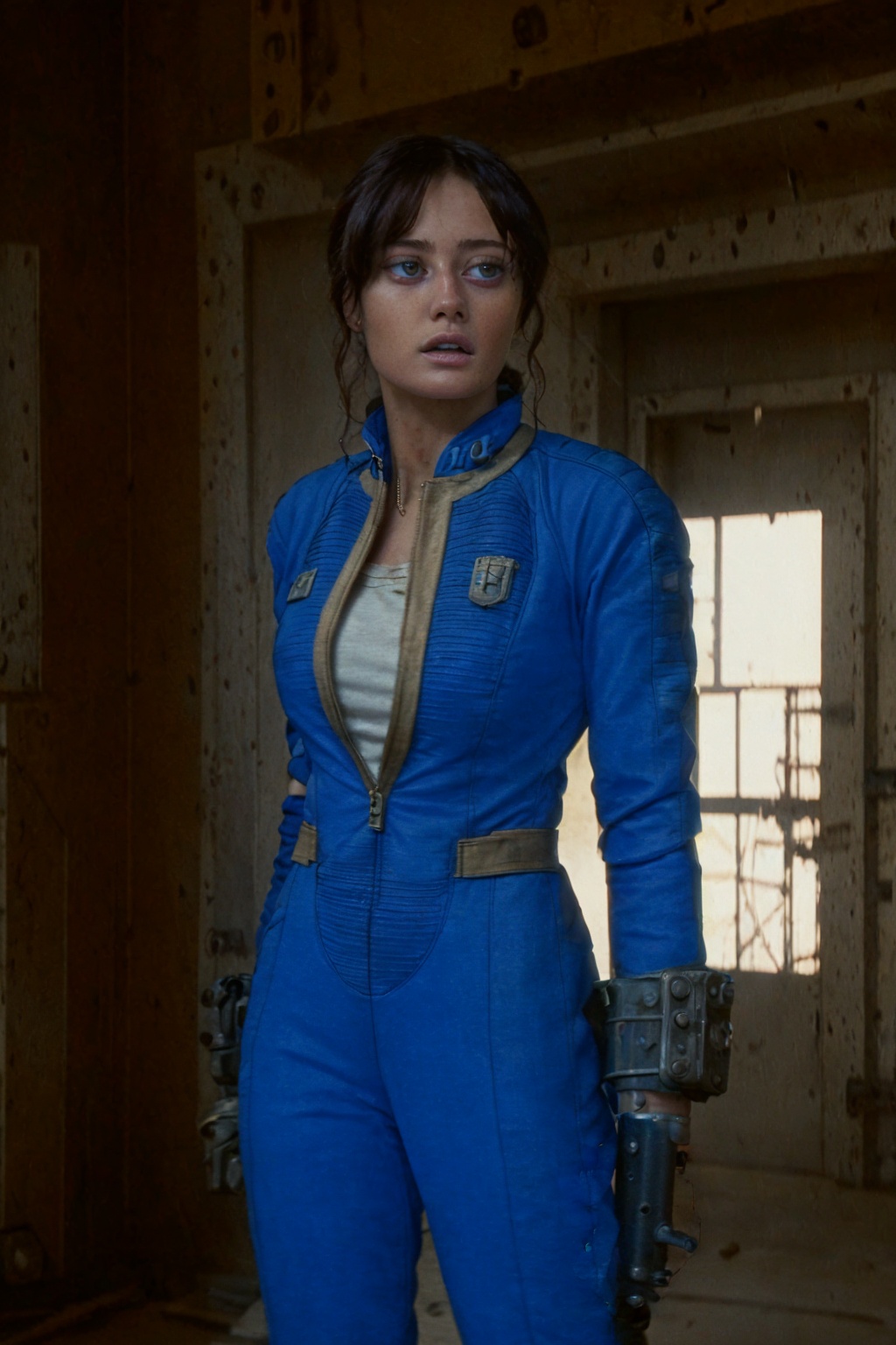 (selected area. Make her holding a large gun) 25-year-old Vaultsuit Lucy of average hight from the Fallout TV series. She...