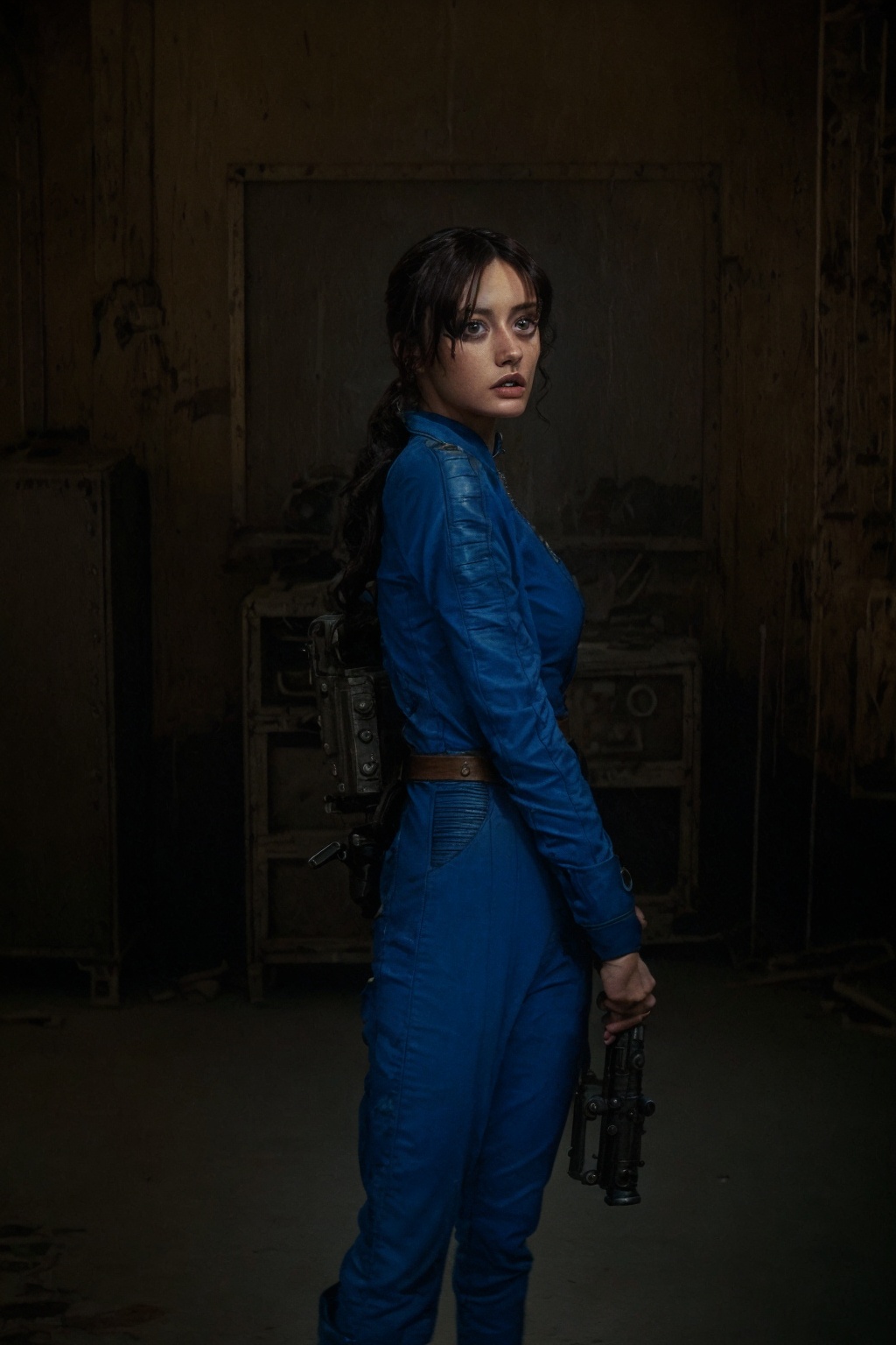 25-year-old and tall Vaultsuit Lucy from the Fallout TV series. She is in a post-apocalyptic Las Vegas where there is a ba...