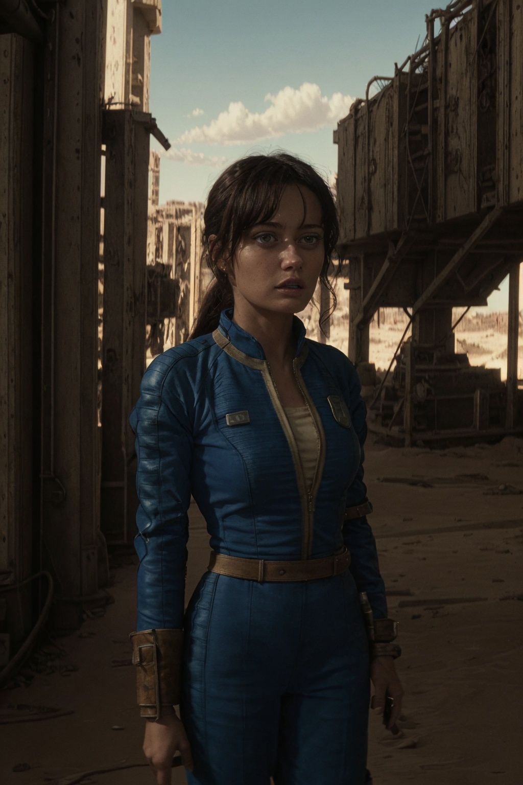 25-year-old Vaultsuit Lucy from the Fallout TV series. She is in a post-apocalyptic Las Vegas where there is a battle ragi...