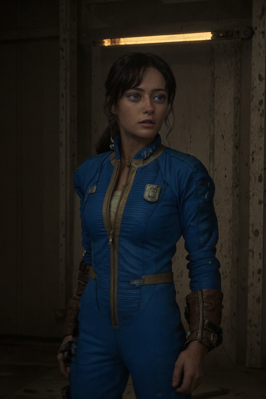25-year-old Vaultsuit Lucy from the Fallout TV series. She is in a post-apocalyptic Las Vegas where there is a battle ragi...