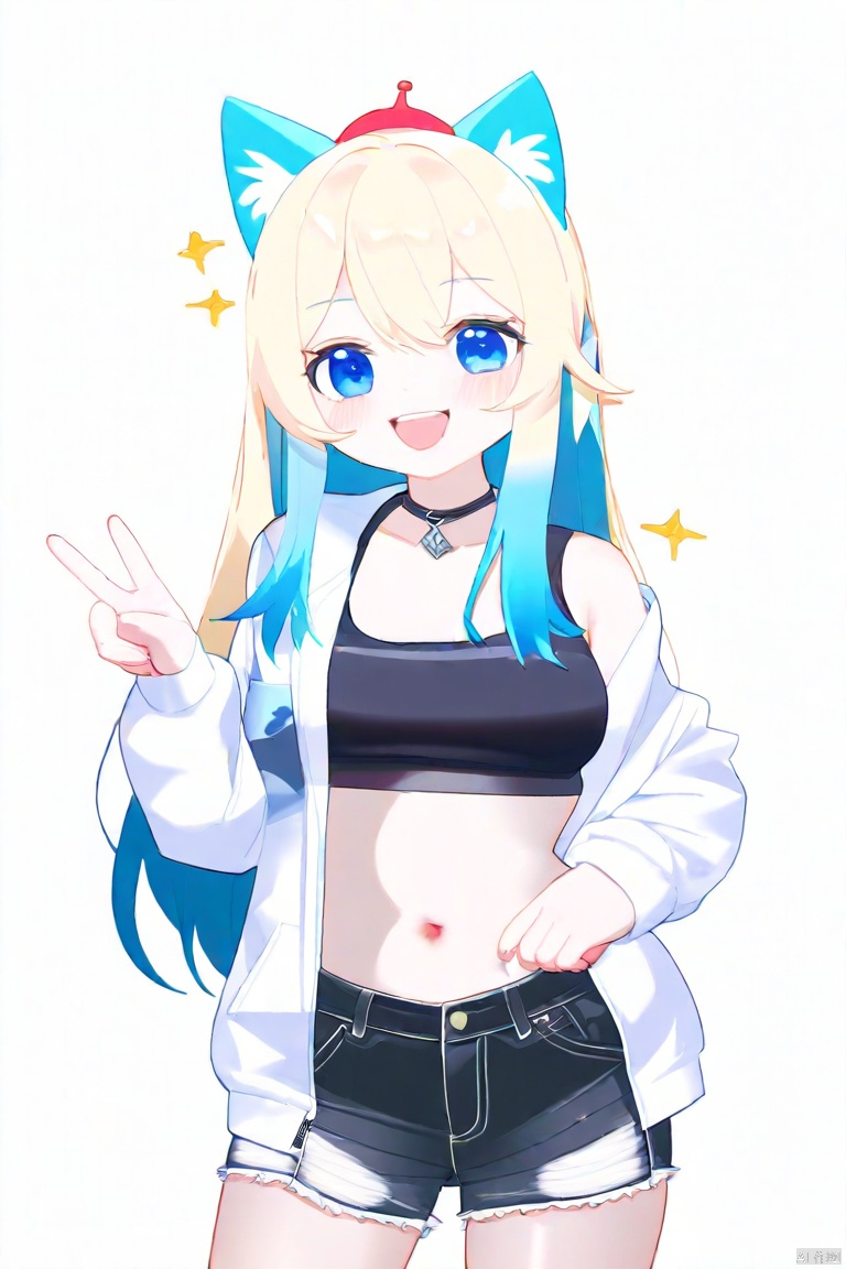 NAI3 ,  1girl, virtual youtuber, solo, best quality, white background, simple background, grey background, gradient background, cowboy shot, looking at viewer, smile, blush, animal ear fluff, closed mouth, cat ears, blue eyes, gradient hair, blue hair, very long hair, star hair ornament, aqua hair, blonde hair, hairclip, bangs, ahoge, medium breasts, collarbone, navel, thighs, white jacket, open jacket, black shirt, bare shoulders, off shoulder, long sleeves, necklace, hands in pockets, crop top, midriff, stomach, star \(symbol\), :3