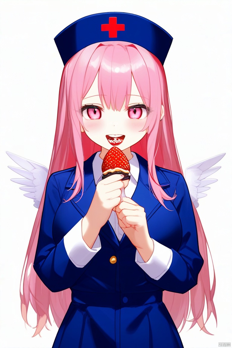  NAI3, 1girl, solo, best quality, vivid color, white background, upper body, looking at viewer, holding candy, open mouth, teeth, tongue, pink eyes, long hair, hair ribbon, hairclip, bangs, breasts, bandaid on hand, nurse cap, apron, jacket, long sleeves, red nails, nail polish, wings, lollipop, one side up, heart