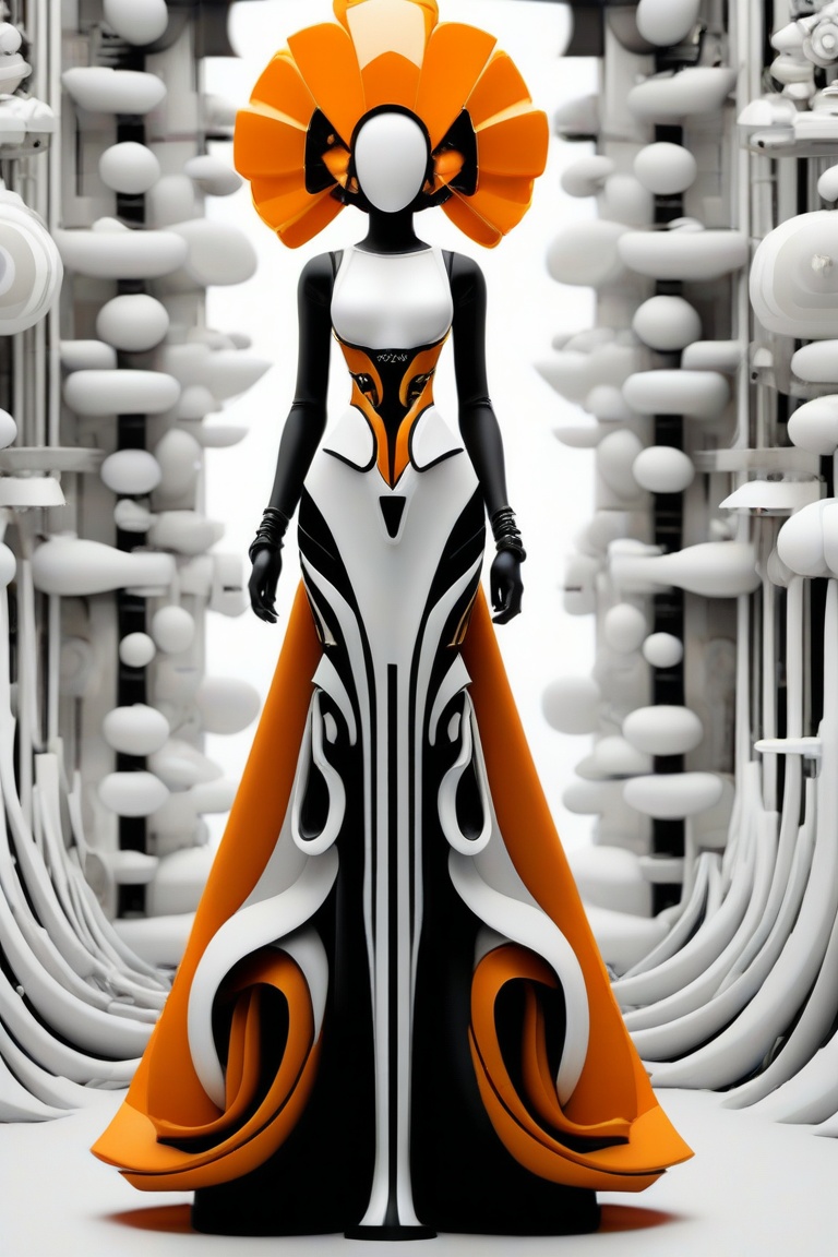 ma black and white, futuristic woman in an orange dress, in the style of highly stylized figures, cybergoth, naoto hattori, 8k 3d, botticelli-esque figures, shiny/glossy, luminescent color scheme, S0ul0fsc1f1