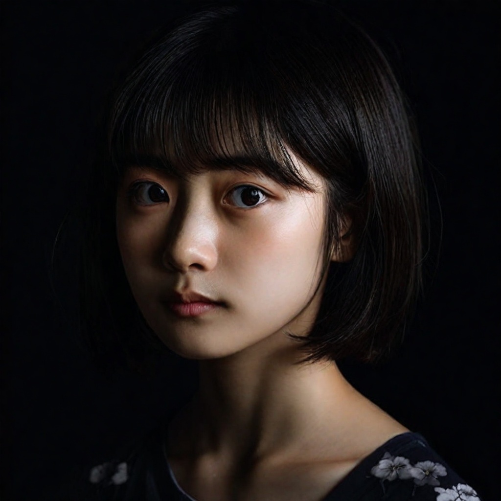 a lowkey portrait of japanese girl ,  short hair,  (black background on Tensor.Art