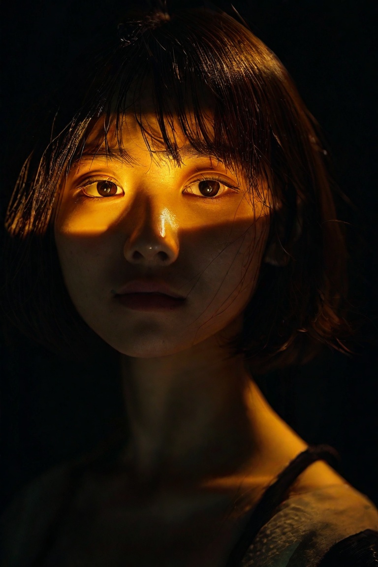 A mysterious Japanese girl with short hair gazes softly into the camera lens,  her features illuminated by a subtle golden...