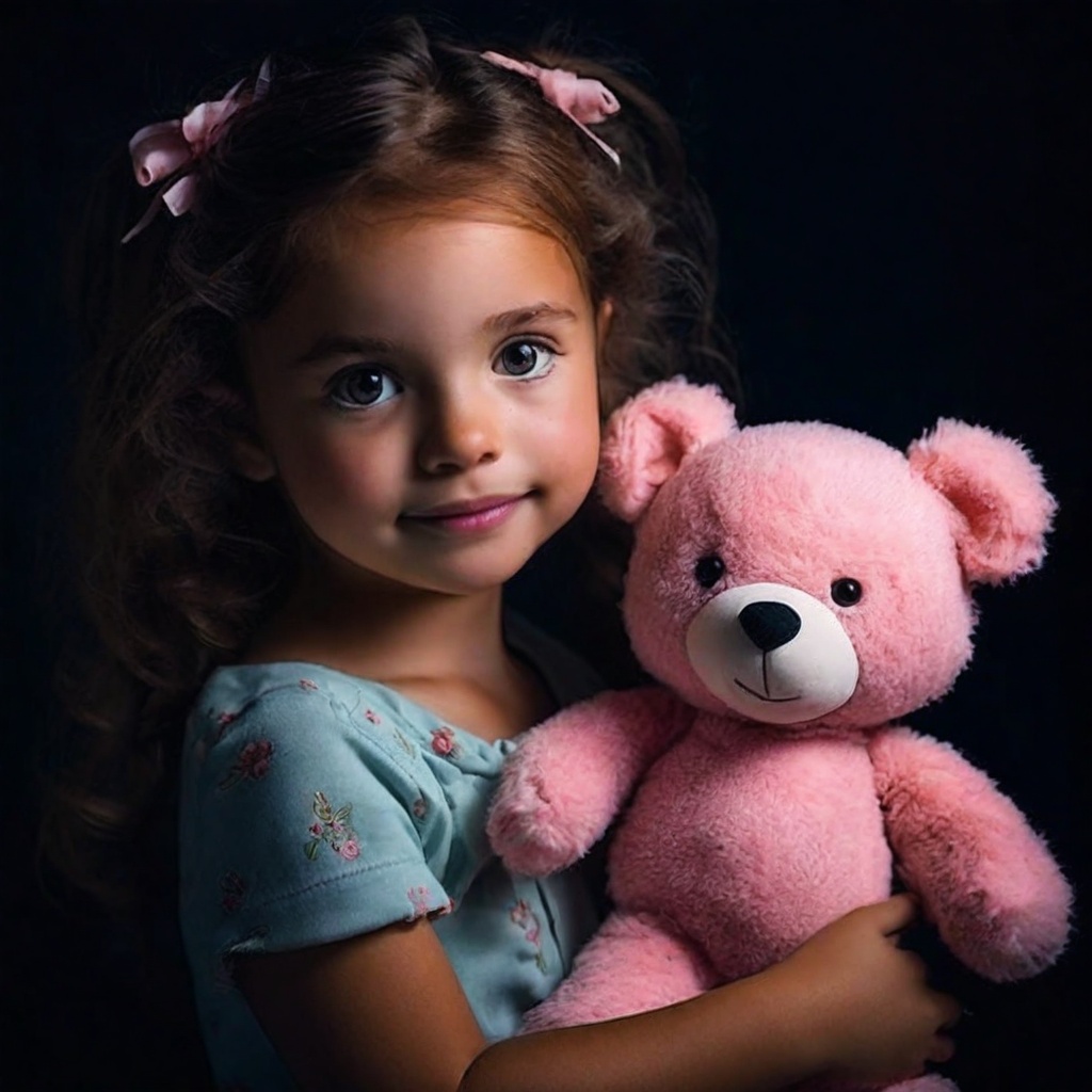 lowkey portrait of cute girl,  holding pink teddybear doll,  dark background on Tensor.Art