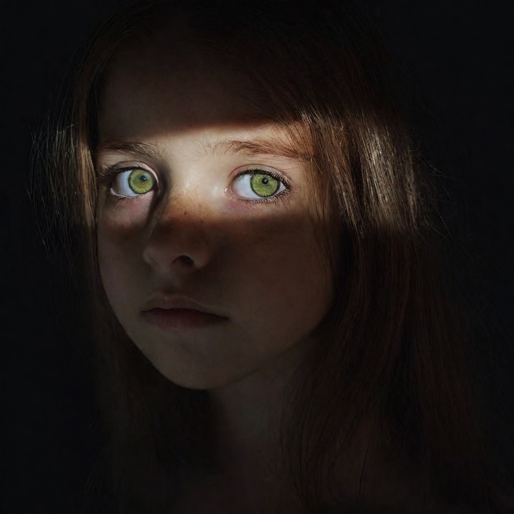 a lowkey portrait of a girl with long hair,  featuring brown and black hues,  green eyes on Tensor.Art