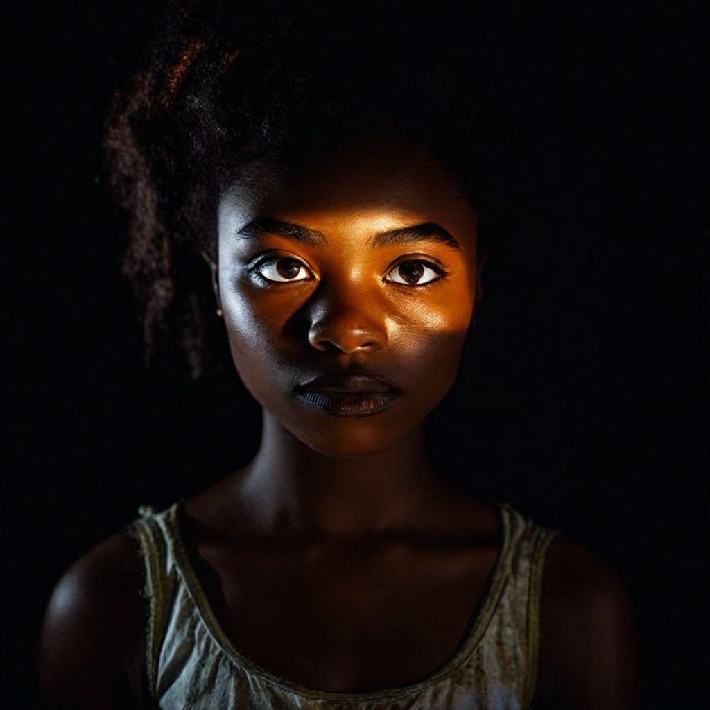 lowkey portrait of young african girl,  dark background,  glowing eyes on Tensor.Art