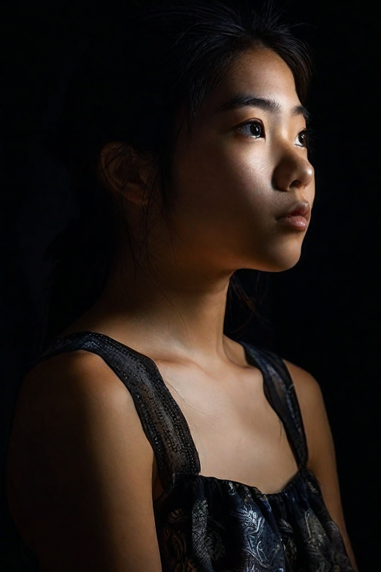 a low key face Indonesian girl in a sleeveless dress,  from side,  with only small portion of the face is visible on Tenso...