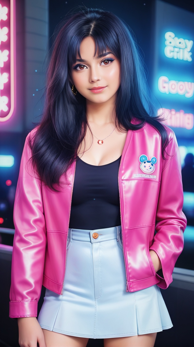 score_9, score_8_up, score_7_up, (((Best Quality, Realistic, masterpiece))), sassy girl, black hair, black hair, black hair, black hair, chic hairstyle, ((messy hair without bangs, gorgeous hair)), (((retro futuristic Outfits))), ((spooky punk a pose)), (gorgeous, sassy, it girl), fancy jewelry, in front of theater building with an electronic neon sign, strong night atmosphere, strong retro atmosphere, cowboy shot, midshot, centered image, eye on camera, grey and pink leather jacket, Monogram Spaghetti **** Top, Cargo-pocket Mini Skirt, elegant color,SH
