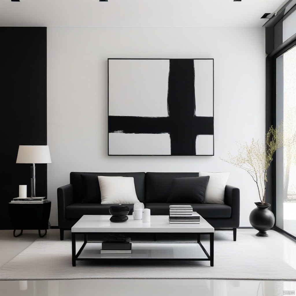 simple style,  interior design,  This is a modern minimalist style living room picture. There is a black sofa in the livin...