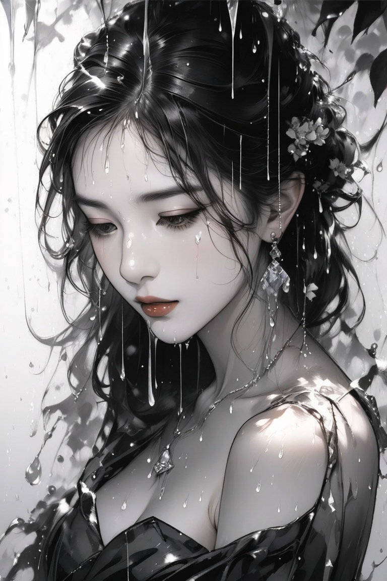 Very beautiful girl, elegant woman, raining droplets, ((monochrome: 1.2)), white background, ((masterpiece: 2)), medium shot, bare shoulders, looking at viewer, ((stunning image: 1.5)), Ink art style