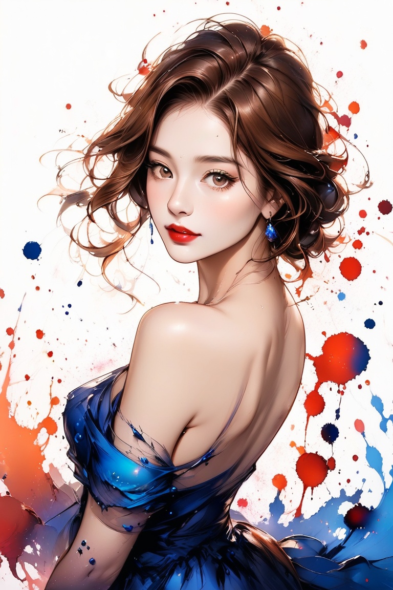 Very beautiful girl, elegant woman, ink droplets, brown hair, evening dress,  ((colorful: 1.2)), white background, ((masterpiece: 2)), medium shot, bare shoulders, looking at viewer, ((stunning image: 1.5)), Ink art style