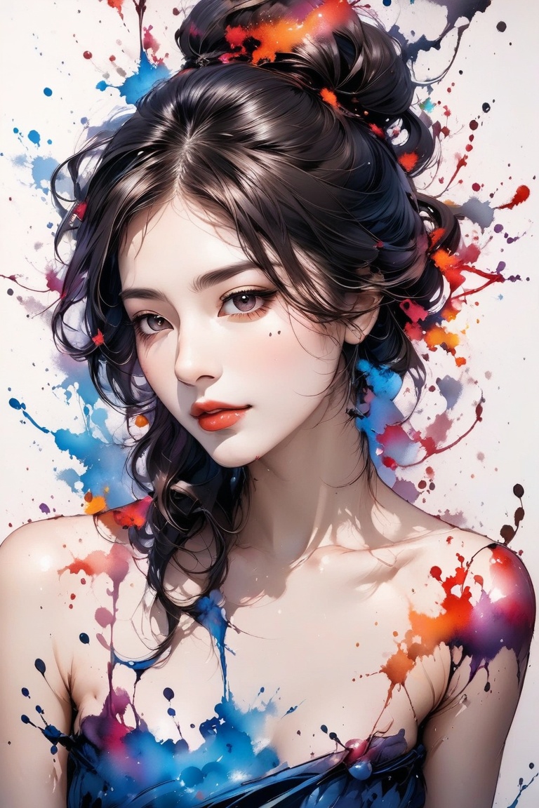 Very beautiful girl, elegant woman, ink droplets, ((colorful: 1.2)), white background, ((masterpiece: 2)), medium shot, bare shoulders, looking at viewer, ((stunning image: 1.5)), Ink art style