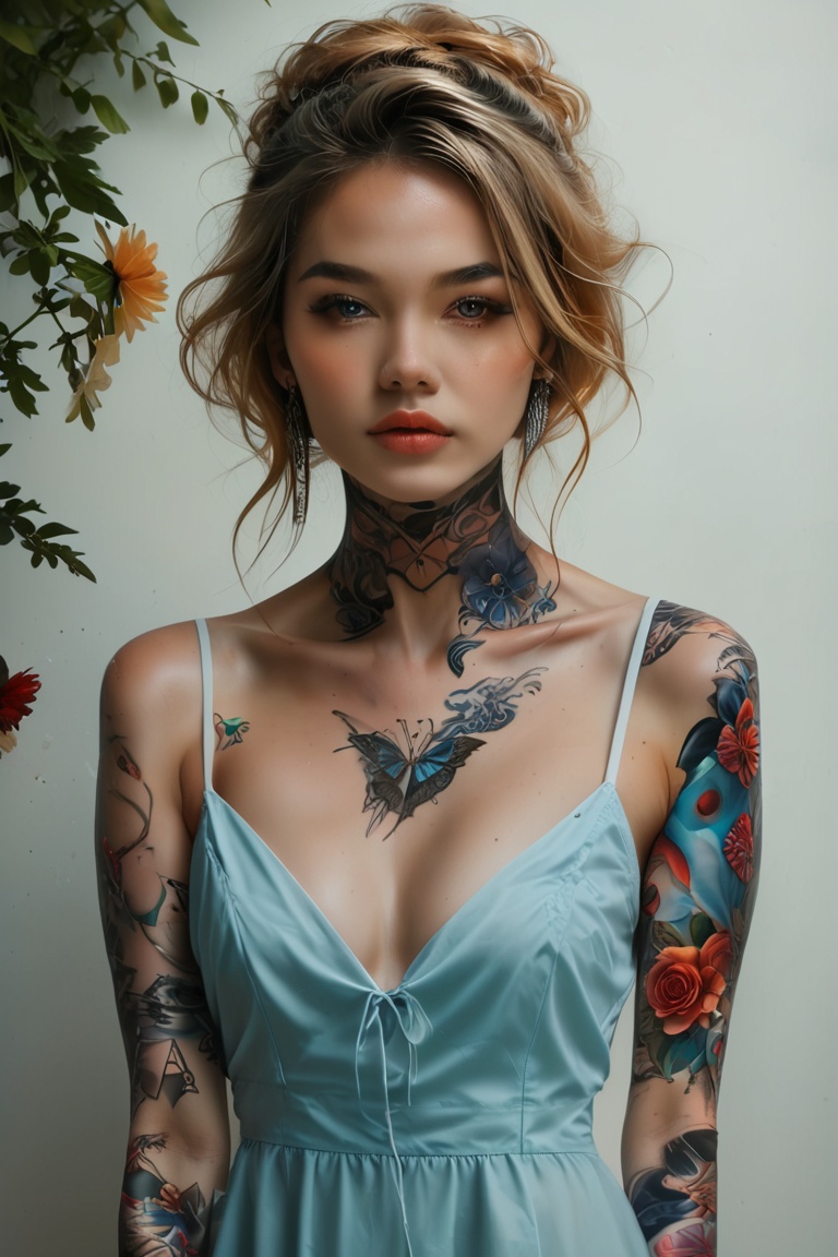 photorealism, photo-model view, 1girl, seductive look, beautiful face, lustful, neck tattoo, wearing summer dress, ultra detailed background concept art, realistic, AAp41nt3dladies