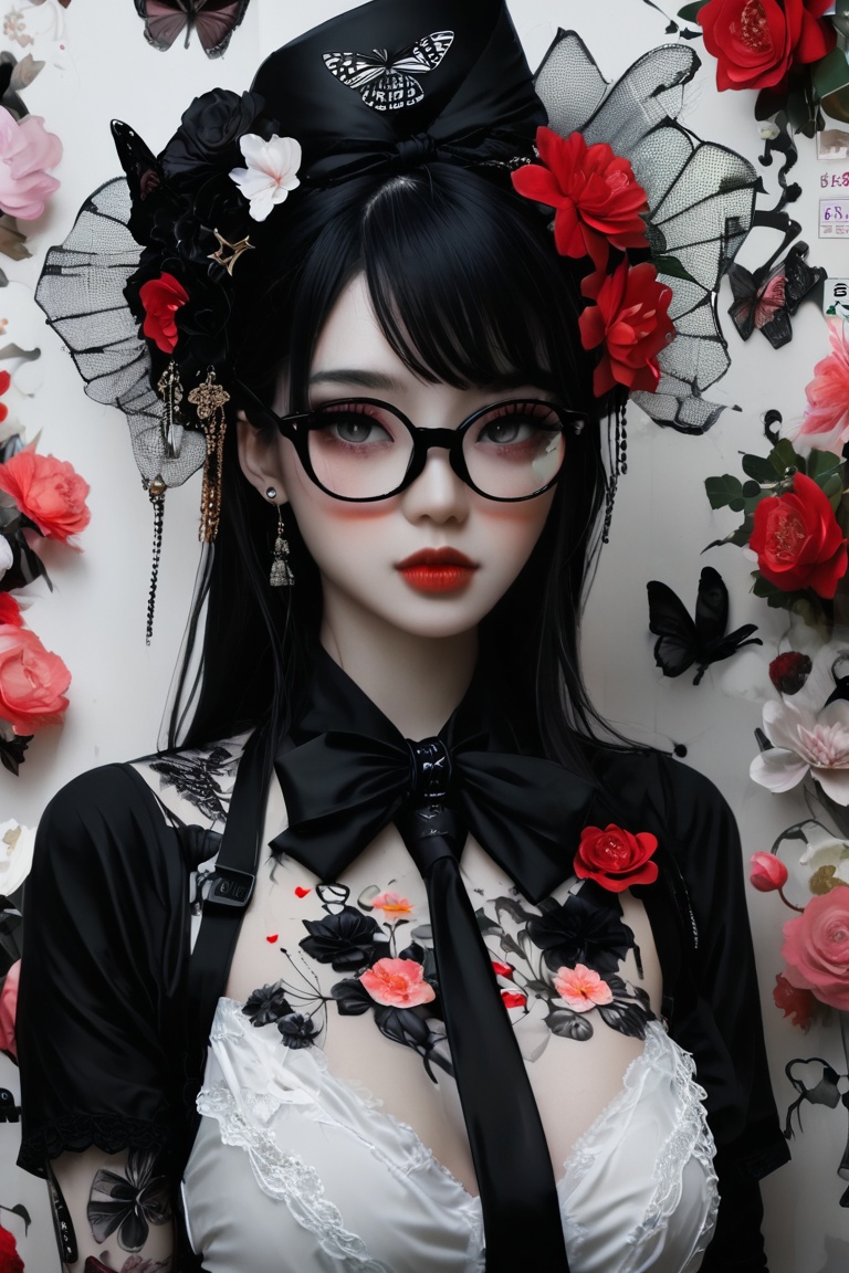 photorealism, photo-model view, Catholicpunk cute goth girl in a fusion of Japanese-inspired Gothic punk fashion, glasses, skulls, goth. Huge cleavage, black gloves, tight corset, black tie, incorporating traditional Japanese motifs and punk-inspired details,Emphasize the unique synthesis of styles, flowers, butterflies, score_9, score_8_up ,heavy makeup, earrings, Lolita Fashion Clothes, kawaii, hearts ,emo, kawaiitech, dollskill,chibi,Eyes AAp41nt3dladies