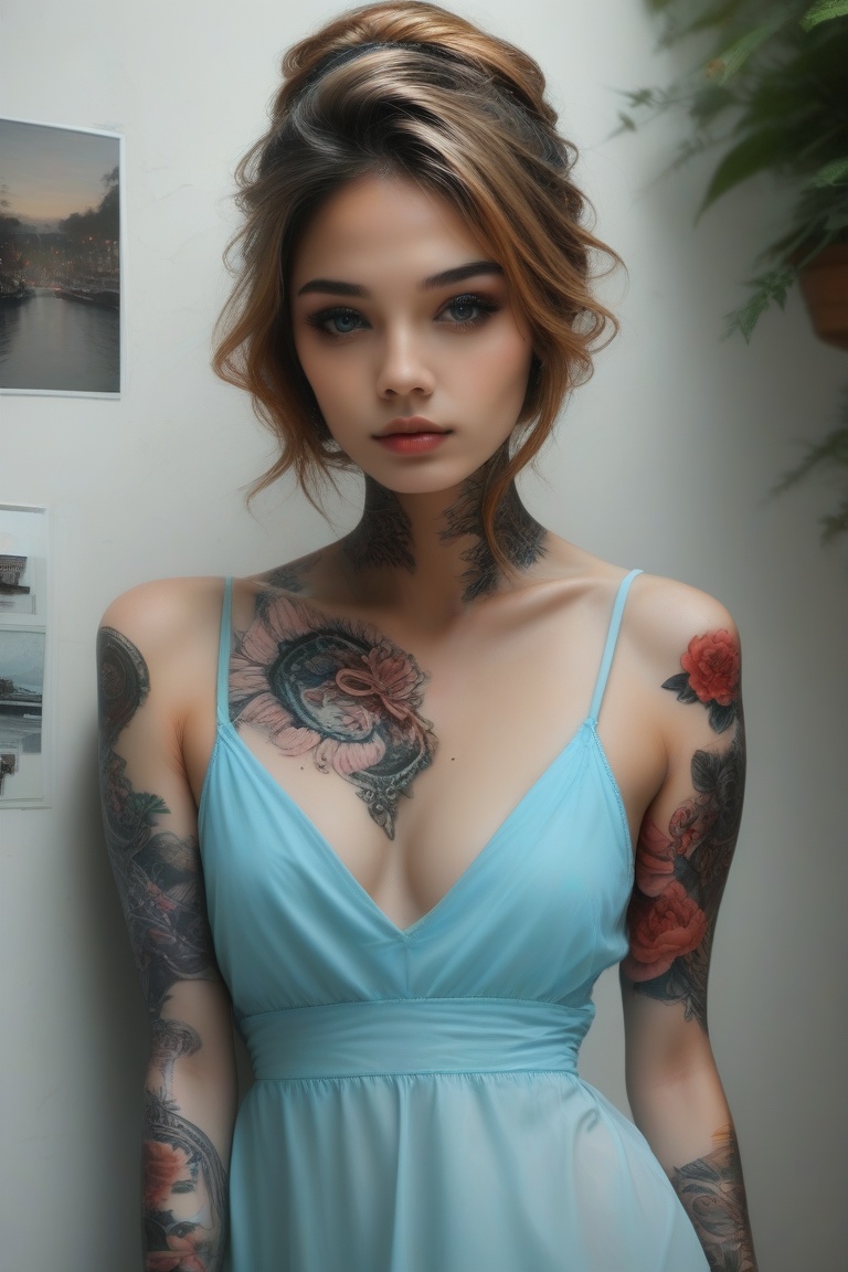 photorealism, photo-model view, 1girl, seductive look, beautiful face, lustful, neck tattoo, wearing summer dress, ultra detailed background concept art, realistic, AAp41nt3dladies