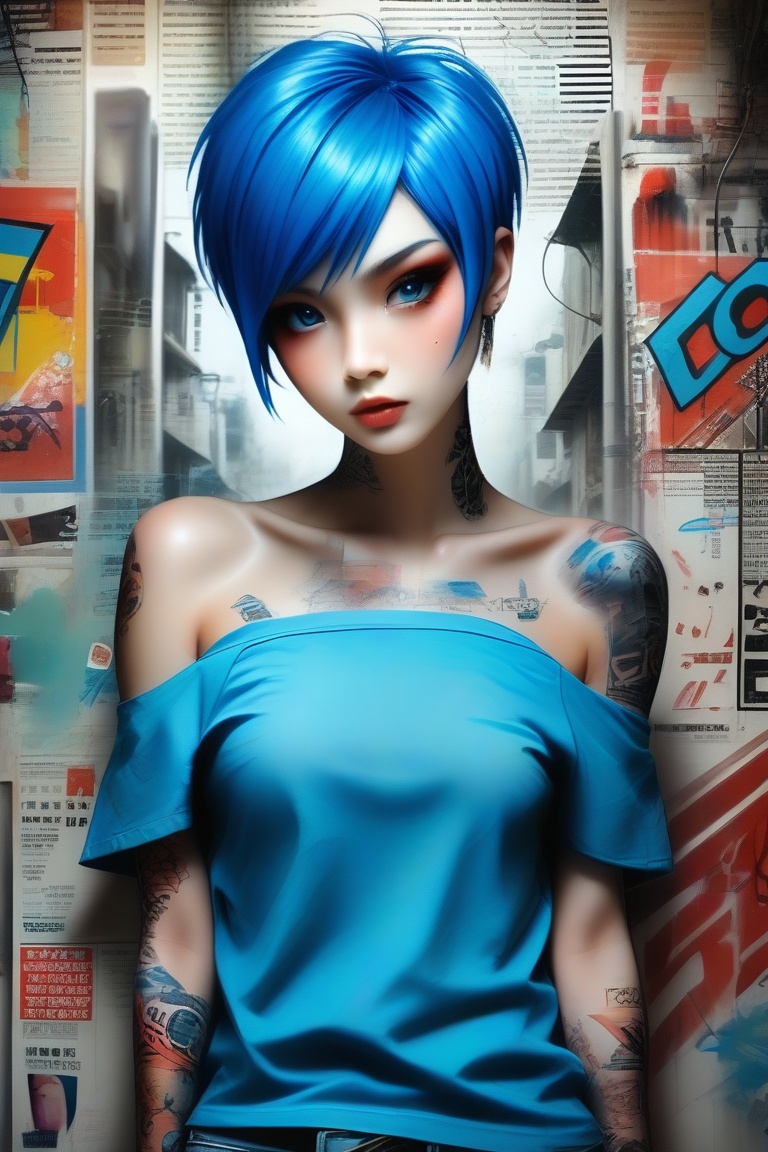 photorealism, photo-model view, Blue short hair, bold cut, off shoulder **** shirt, fashion pose, beautify tattoo on one shoulder, graffiti newspaper background, Head to shoulders shot, art by Wadim Kashin, Nicoletta Ceccoli, niji style, AAp41nt3dladies