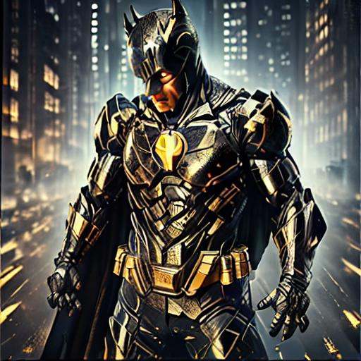 Evang,  Batman with black tactical armor with gold highlights standing in a destroyed city street,  torn clothing on Tenso...