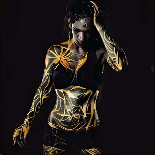 blk_&_Gold woman with black skin and gold tatoos,  solo,  waist up shot on Tensor.Art