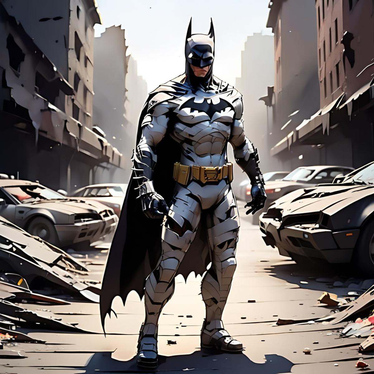 Evang,  Batman standing in a destroyed city street with torn clothing,  scars on Tensor.Art