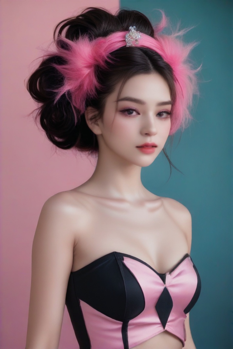 A girl has an elaborate hairstyle with a mix of black and pink tones, which could suggest a creative or rebellious personality. The presence of the colorful background may indicate a sense of vibrancy or action associated with the character. The attire, though not fully visible, appears to be a form-fitting top, hinting at a modern or fashionable aesthetic. The overall composition and style are indicative of a narrative-driven genre such as comics or graphic novels.,Truly Asian Beauty