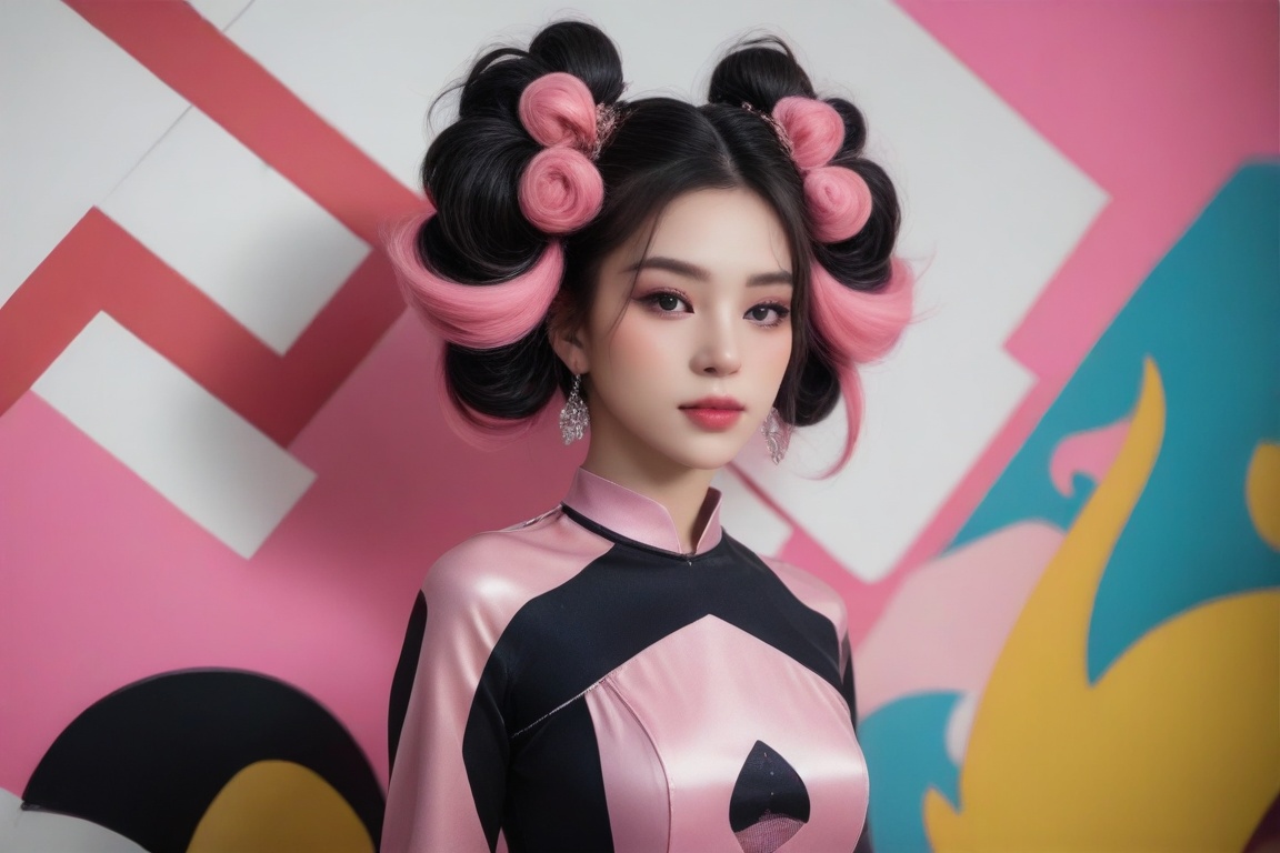 A girl has an elaborate hairstyle with a mix of black and pink tones, which could suggest a creative or rebellious personality. The presence of the colorful background may indicate a sense of vibrancy or action associated with the character. The attire, though not fully visible, appears to be a form-fitting top, hinting at a modern or fashionable aesthetic. The overall composition and style are indicative of a narrative-driven genre such as comics or graphic novels.,Truly Asian Beauty