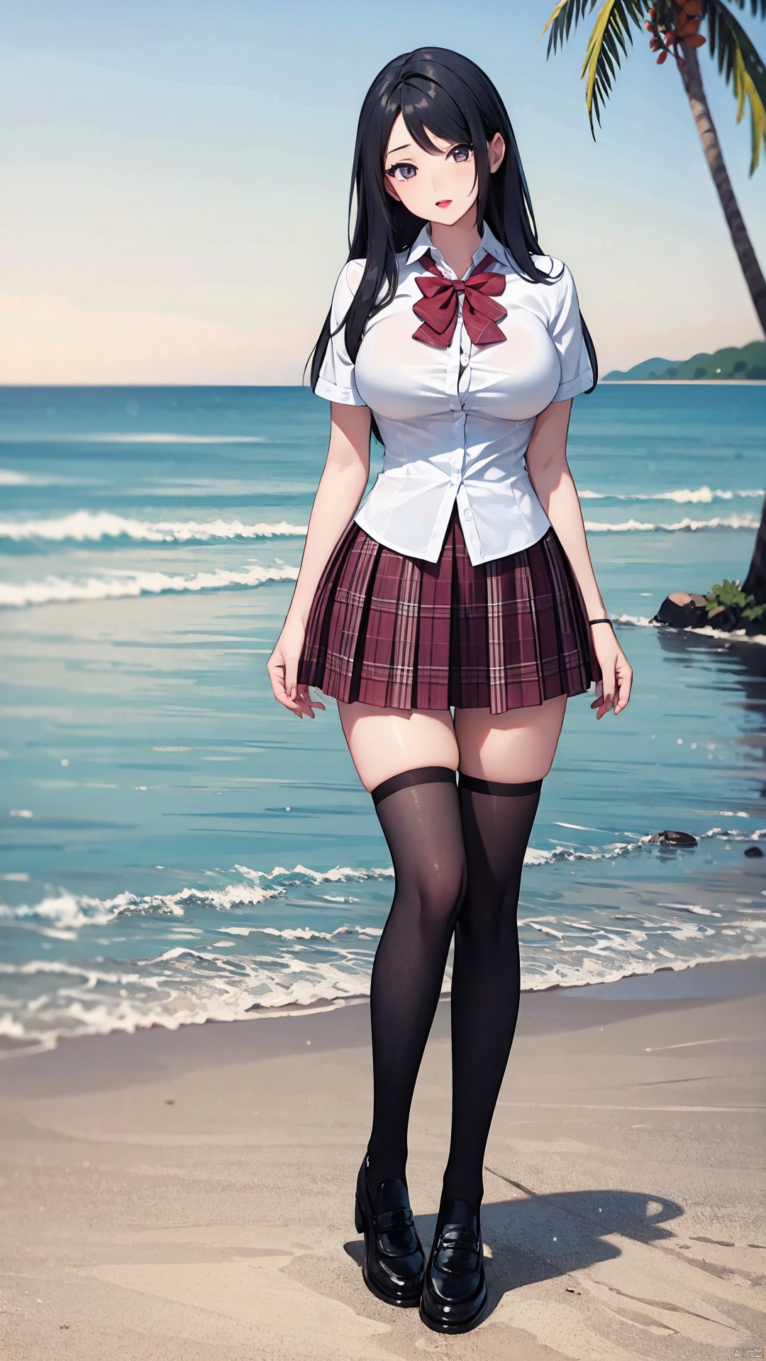 8k,(realistic:1.1), (photorealistic:1.1), (masterpiece:1.1), (best quality:1.1), RAW photo, highres, ultra detailed, High detail RAW color photo,professional photograph,masterpiece, best quality,realistic,1girl,red lip,(breasts,),((outdoors,shore:1.1)),looking at viewer,solo,beautiful detailed eyes,extremely beautiful face,full body,school uniform,plaid skirt, thighhighs