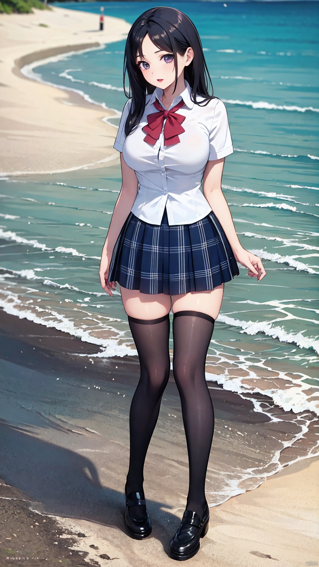 8k,(realistic:1.1), (photorealistic:1.1), (masterpiece:1.1), (best quality:1.1), RAW photo, highres, ultra detailed, High detail RAW color photo,professional photograph,masterpiece, best quality,realistic,1girl,red lip,(breasts,),((outdoors,shore:1.1)),looking at viewer,solo,beautiful detailed eyes,extremely beautiful face,full body,school uniform,plaid skirt, thighhighs