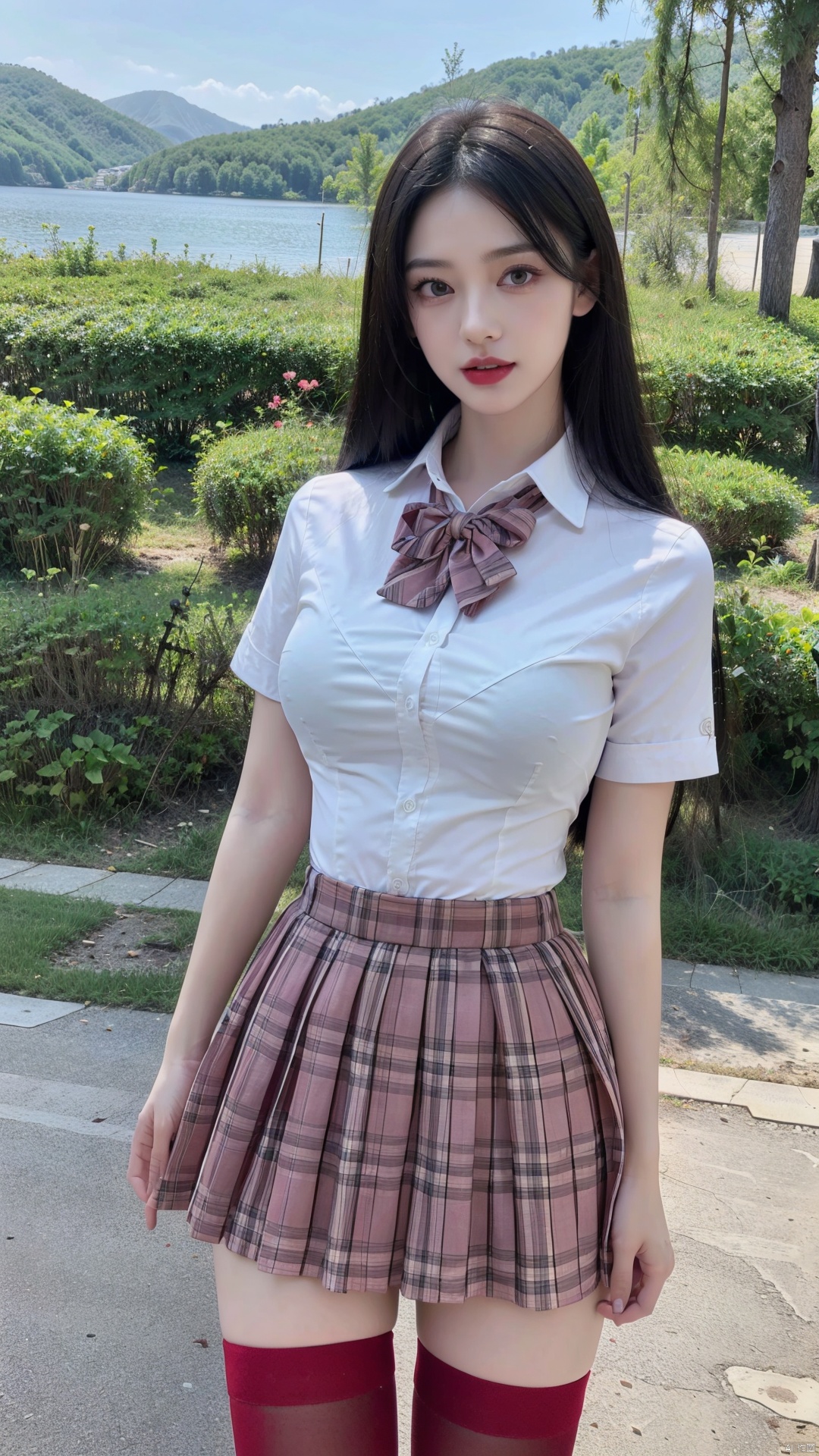 8k,(realistic:1.1), (photorealistic:1.1), (masterpiece:1.1), (best quality:1.1), RAW photo, highres, ultra detailed, High detail RAW color photo,professional photograph,masterpiece, best quality,realistic,1girl,red lip,(breasts,),((outdoors,shore:1.1)),looking at viewer,solo,beautiful detailed eyes,extremely beautiful face,school uniform,plaid skirt, thighhighs