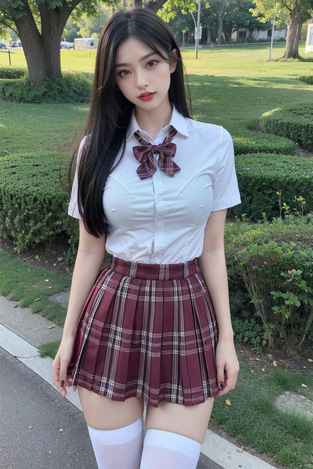 8k,(realistic:1.1), (photorealistic:1.1), (masterpiece:1.1), (best quality:1.1), RAW photo, highres, ultra detailed, High detail RAW color photo,professional photograph,masterpiece, best quality,realistic,1girl,red lip,(breasts,),((outdoors,shore:1.1)),looking at viewer,solo,beautiful detailed eyes,extremely beautiful face,school uniform,plaid skirt, thighhighs,zfr