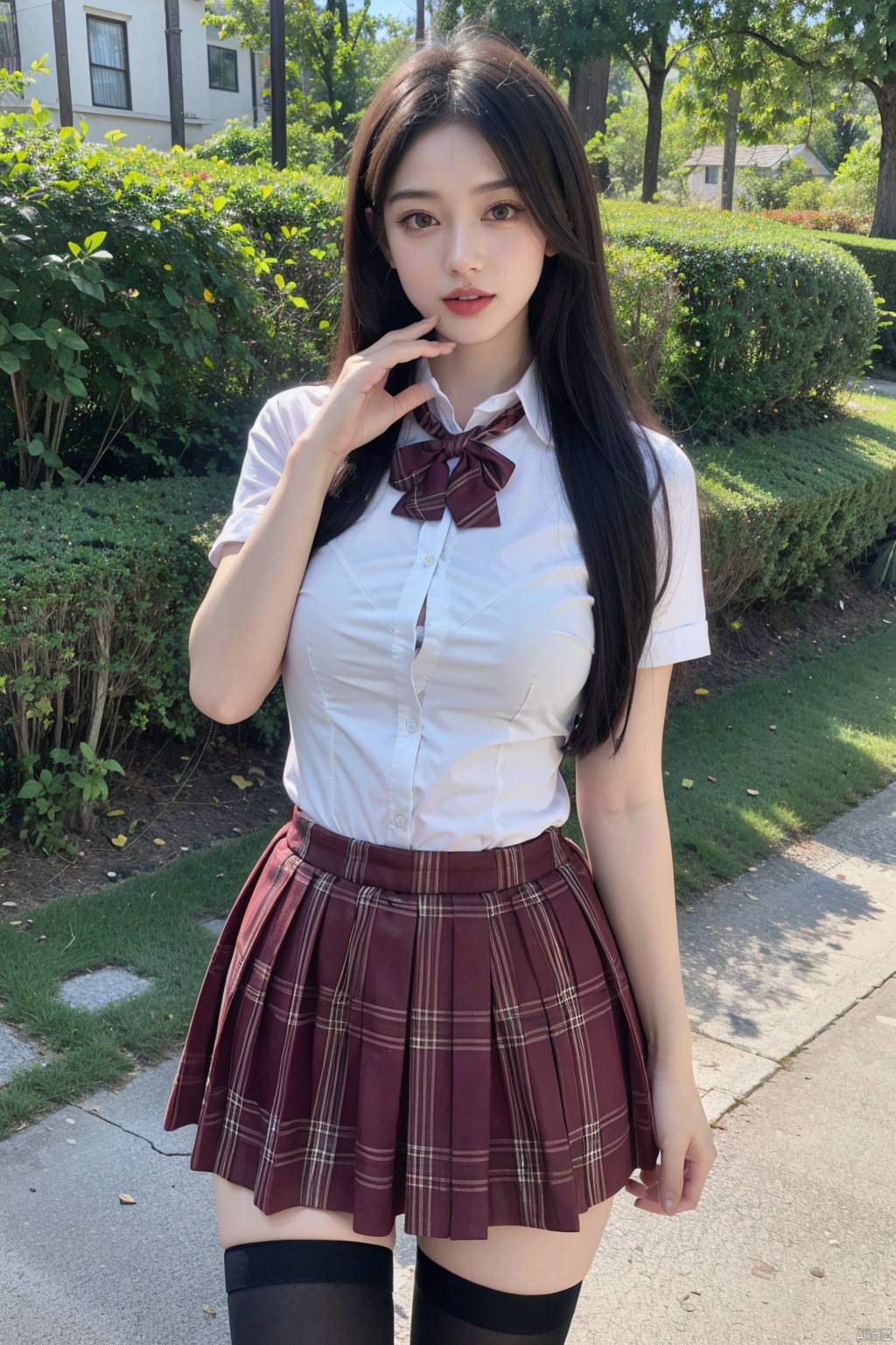 8k,(realistic:1.1), (photorealistic:1.1), (masterpiece:1.1), (best quality:1.1), RAW photo, highres, ultra detailed, High detail RAW color photo,professional photograph,masterpiece, best quality,realistic,1girl,red lip,(breasts,),((outdoors,shore:1.1)),looking at viewer,solo,beautiful detailed eyes,extremely beautiful face,school uniform,plaid skirt, thighhighs,zfr