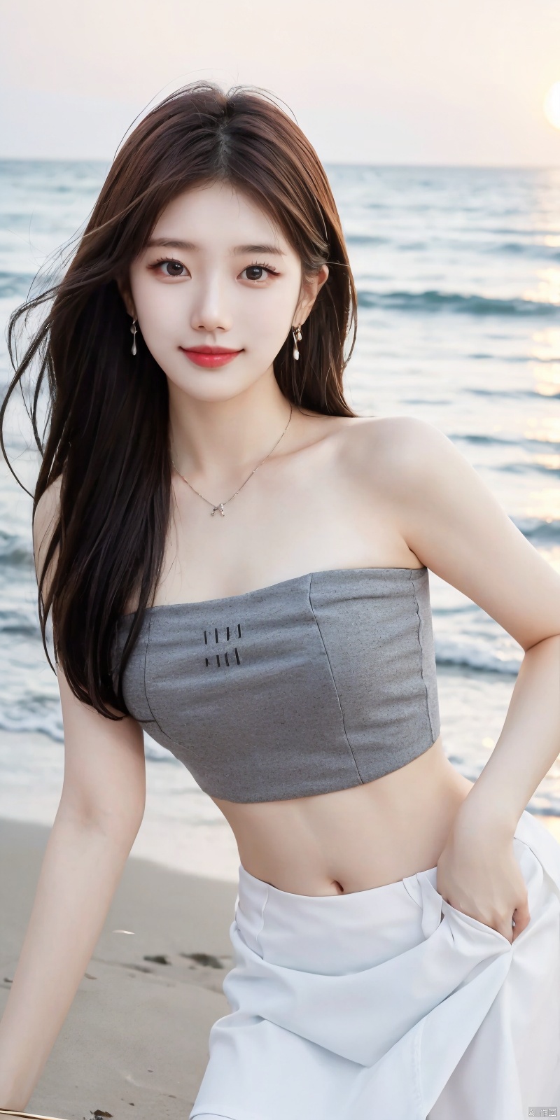  best quality, masterpiece, realistic,cowboy_shot,(Good structure), DSLR Quality,Depth of field,kind smile,looking_at_viewer,Dynamic pose, 
1girl, solo,  , , looking at viewer, skirt, hair ornament, bare shoulders, jewelry, ,  , earrings, outdoors, midriff, water, necklace, lips, crop top,  , leaning forward, ocean, white skirt, strapless vest, sunset, sun,feizhixiu
