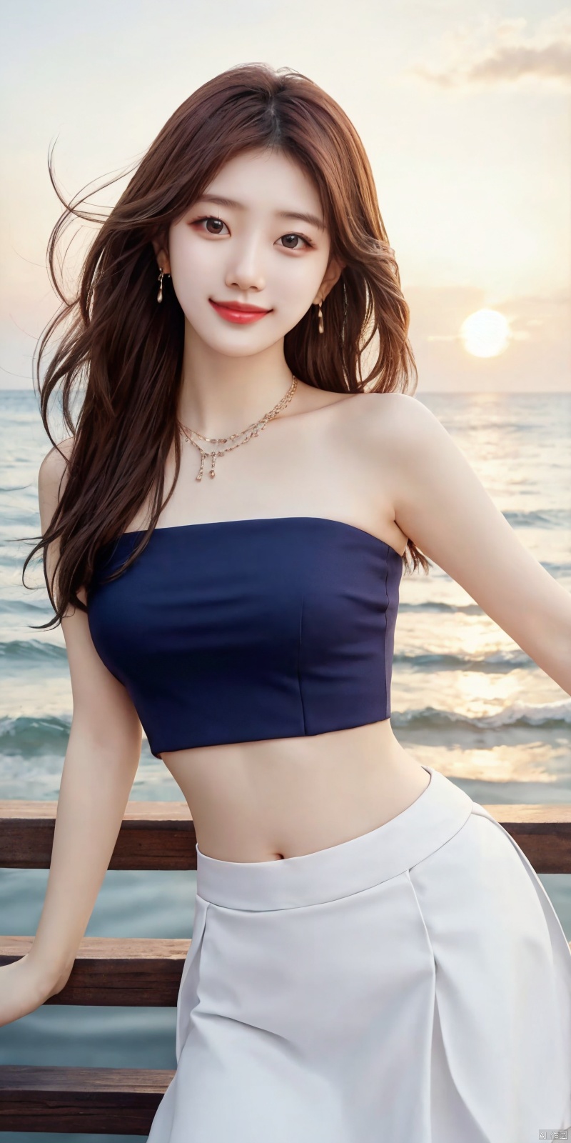 best quality, masterpiece, realistic,cowboy_shot,(Good structure), DSLR Quality,Depth of field,kind smile,looking_at_viewer,Dynamic pose, 
1girl, solo,  , , looking at viewer, skirt, hair ornament, bare shoulders, jewelry, ,  , earrings, outdoors, midriff, water, necklace, lips, crop top,  , leaning forward, ocean, white skirt, strapless vest, sunset, sun,feizhixiu