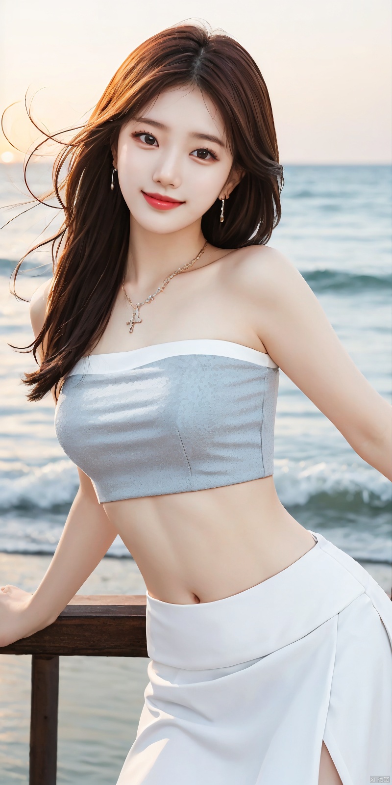  best quality, masterpiece, realistic,cowboy_shot,(Good structure), DSLR Quality,Depth of field,kind smile,looking_at_viewer,Dynamic pose, 
1girl, solo,  , , looking at viewer, skirt, hair ornament, bare shoulders, jewelry, ,  , earrings, outdoors, midriff, water, necklace, lips, crop top,  , leaning forward, ocean, white skirt, strapless vest, sunset, sun,feizhixiu