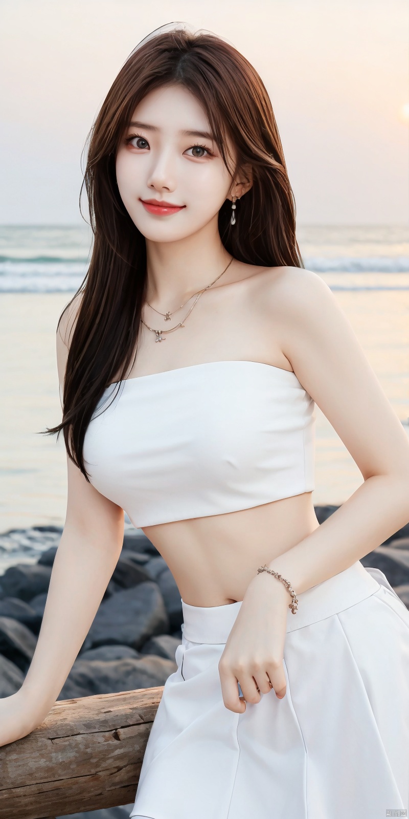  best quality, masterpiece, realistic,cowboy_shot,(Good structure), DSLR Quality,Depth of field,kind smile,looking_at_viewer,Dynamic pose, 
1girl, solo,  , , looking at viewer, skirt, hair ornament, bare shoulders, jewelry, ,  , earrings, outdoors, midriff, water, necklace, lips, crop top,  , leaning forward, ocean, white skirt, strapless vest, sunset, sun,feizhixiu