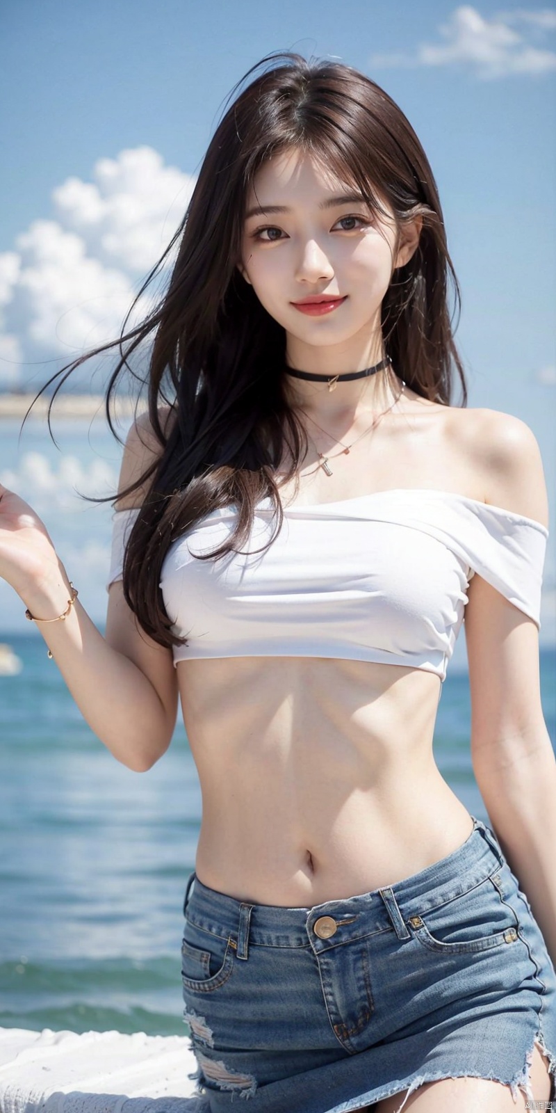  cowboy_shot,(Good structure), DSLR Quality,Short skirt,Blue sky, white clouds, ocean, nai3, 1girl, solo, crop top, , choker, navel, shirt, midriff, crop top overhang, looking at viewer, white shirt, jewelry, breasts, bare shoulders, off-shoulder shirt, off shoulder, black choker, thighs, stomach, long hair, bracelet, short sleeves, ribbon, hand up, collarbone, hair ribbon, medium breasts, , bra strap, , hair ornament, thigh gap, necklace, expressionless, , ,kind smile, ,feizhixiu